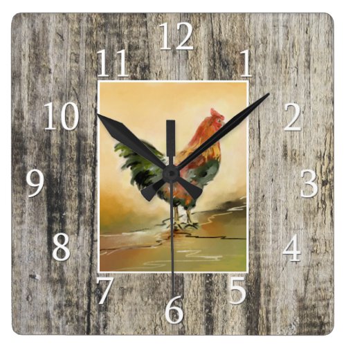 Country Rooster Rustic Wood Farmhouse Square Wall Clock