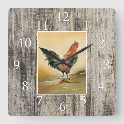 Country Rooster Rustic Wood Farmhouse Square Wall Clock