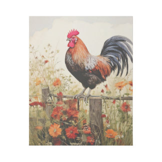 Country Rooster Standing on Fence and Wildflowers Gallery Wrap