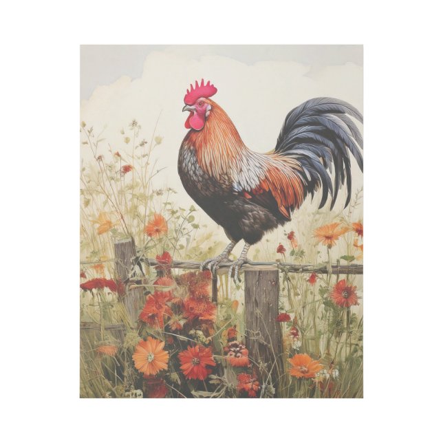 Country Rooster Standing on Fence and Wildflowers Gallery Wrap (Front)