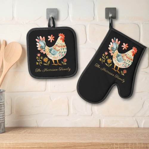 Country Rooster Watercolor Family Monogram Black Oven Mitt  Pot Holder Set