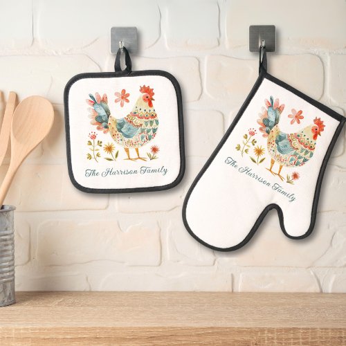 Country Rooster Watercolor Family Monogram Oven Mitt  Pot Holder Set