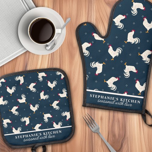 Country Roosters Pattern Navy Personalized Oven Mitt &Amp;Amp; Pot Holder Set