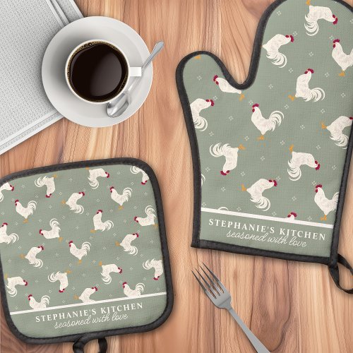 Country Roosters Pattern Sage Personalized Oven Mitt  Pot Holder Set