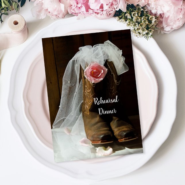 Country Rose Cowboy Boots Wedding Rehearsal Dinner Invitation (Creator Uploaded)