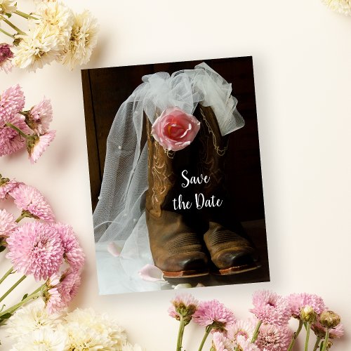 Country Rose Cowboy Boots Wedding Save the Date