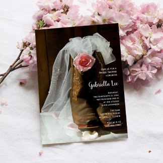 Country Rose Cowboy Boots Western Bridal Shower Invitation