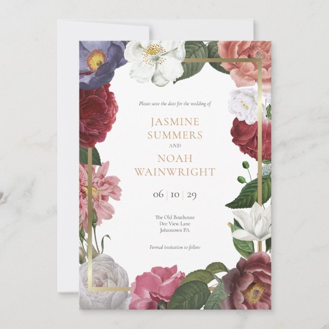 Country Rose Floral Faux Gold Foil Save the Date Invitation (Front)