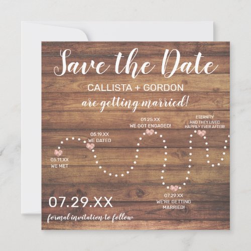 Country Rose Gold Rustic Wood Timeline Wedding Save The Date