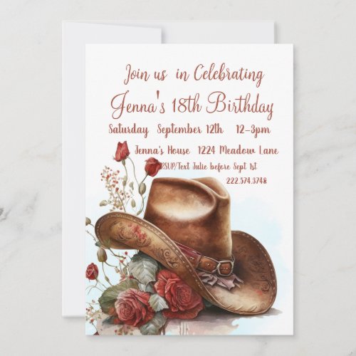 Country Roses Cowboy Hat 18th Birthday       Invitation