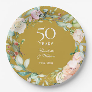 Country Roses Garland 50th Wedding Anniversary Paper Plates