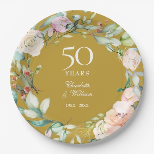 Country Roses Garland 50th Wedding Anniversary Paper Plates