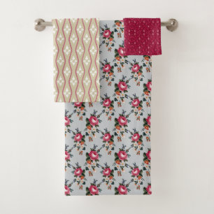 Country Roses on Dove Gray Pattern Towel Set