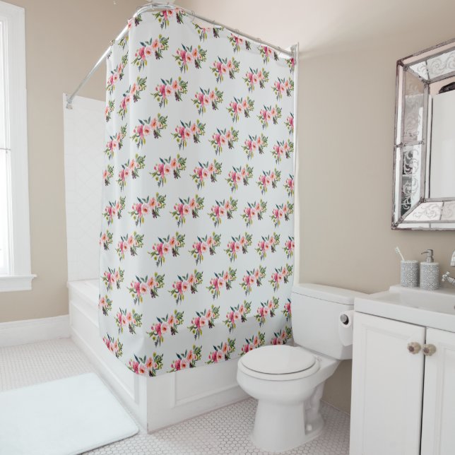 Country Roses Pattern Dove Gray Shower Curtain (In Situ)