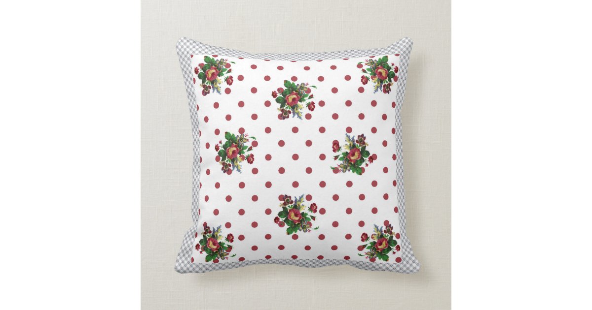 Country Roses Red Polka Dot and Roses Throw Pillow