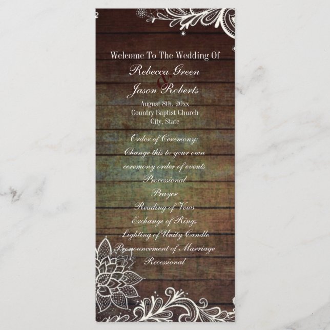 country rustic barnwood lace wedding program (Front)
