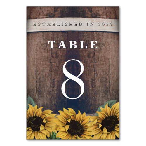 Country Rustic Barrel Vintage Sunflower Wedding Table Number