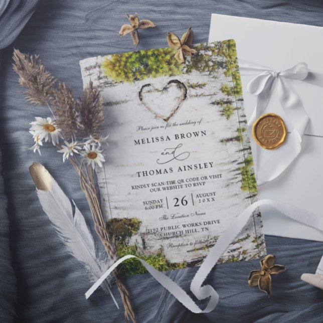 Country Rustic Birch Tree Bark QR Code Wedding Invitation (Creator Uploaded)