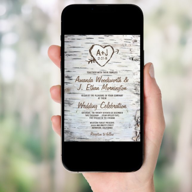Country Rustic Birch Tree Bark Wedding Invitations (Front Digital)
