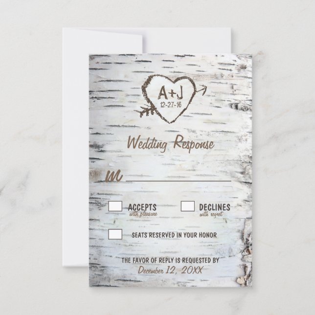 Country Rustic Birch Tree Bark Wedding RSVP Cards (Front)