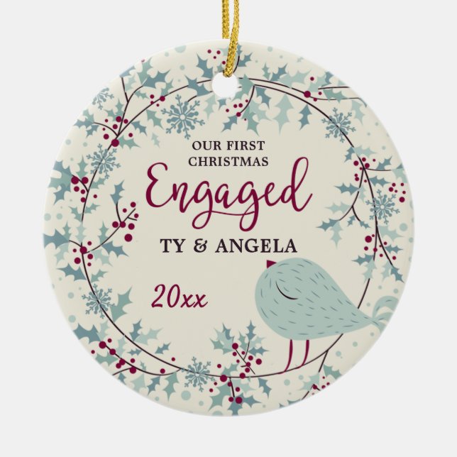Country Rustic Bird 1st Christmas Engaged Custom Ceramic Ornament (Front)
