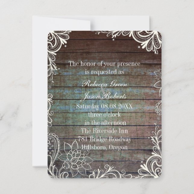 country rustic blue barn wood lace invitation (Back)