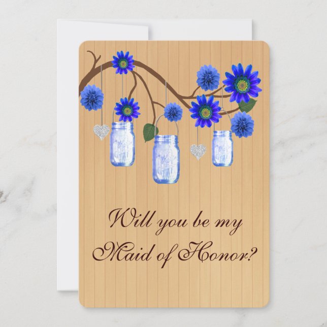 Country Rustic Blue Mason Jars Maid Of Honor Card (Front)