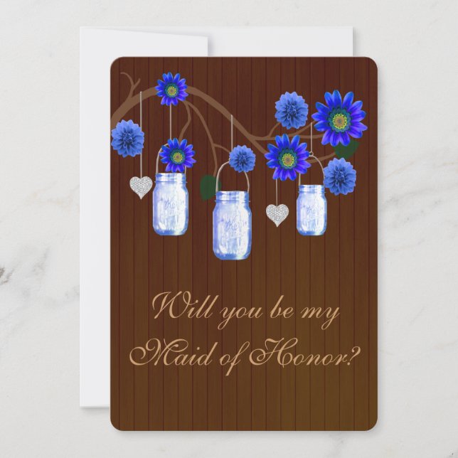 Country Rustic Blue Mason Jars Maid Of Honor Card (Front)
