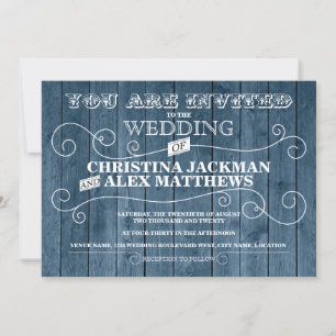 Country Rustic Blue Wood Vintage Wedding Invitation