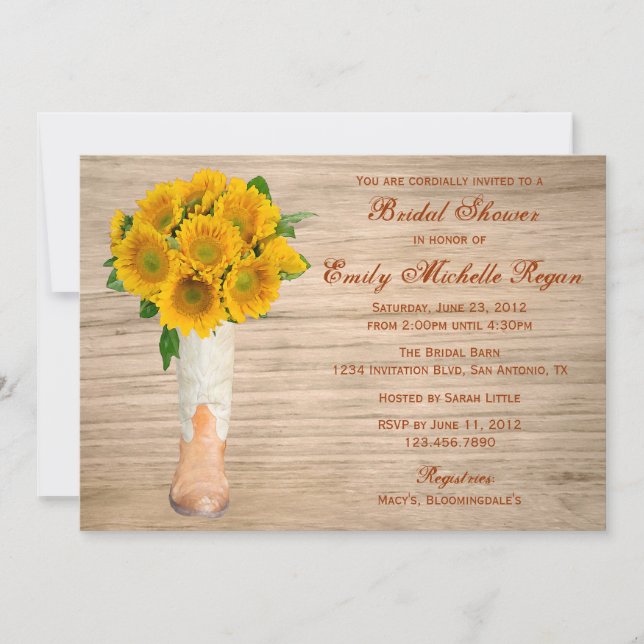 Country Rustic Boots and Sunflowers Bridal Shower Invitation (Front)