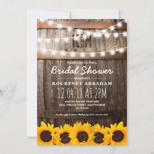 Country Rustic Bridal Shower | Sunflowers Invitation - Rustic bridal shower party invitations featuring a barn dark oak barrel background, twinkle string lights, golden yellow sunflowers, your monogram and modern white wording. Find other wood bridal shower invitations at http://www.zazzle.com/special_stationery
Click on the “Customize it” button for further personalization of this template. You will be able to modify all text, including the style, colors, and sizes.
You will find matching items further down the page, if however you can't find what you looking for please contact me.