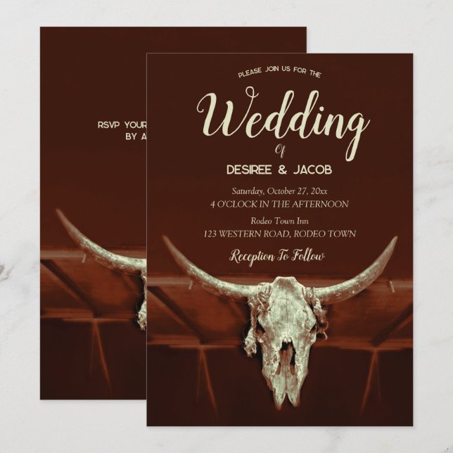 Country Rustic Brown Western Bull Skull Invitation (Front/Back)