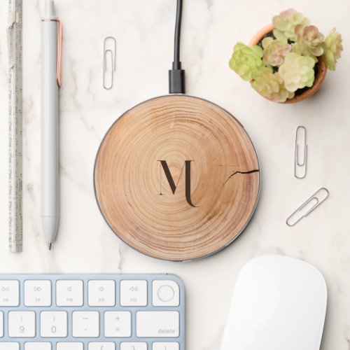Country rustic brown wood log barn monogram wireless charger 