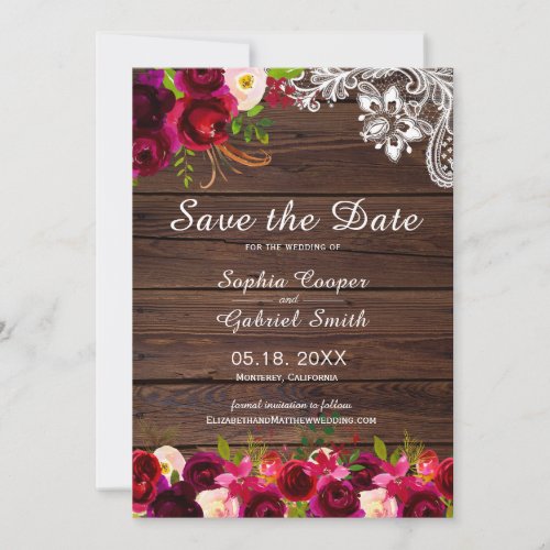 Country Rustic Burgundy Floral Wood Lace  Save The Date