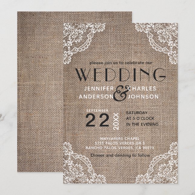 Country Rustic Burlap Fabric Lace Trim Wedding Invitation (Front/Back)