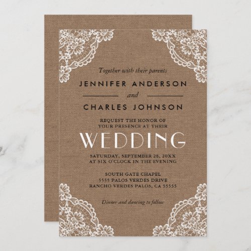 Country Rustic Burlap Lace Corner Detail Wedding Invitation