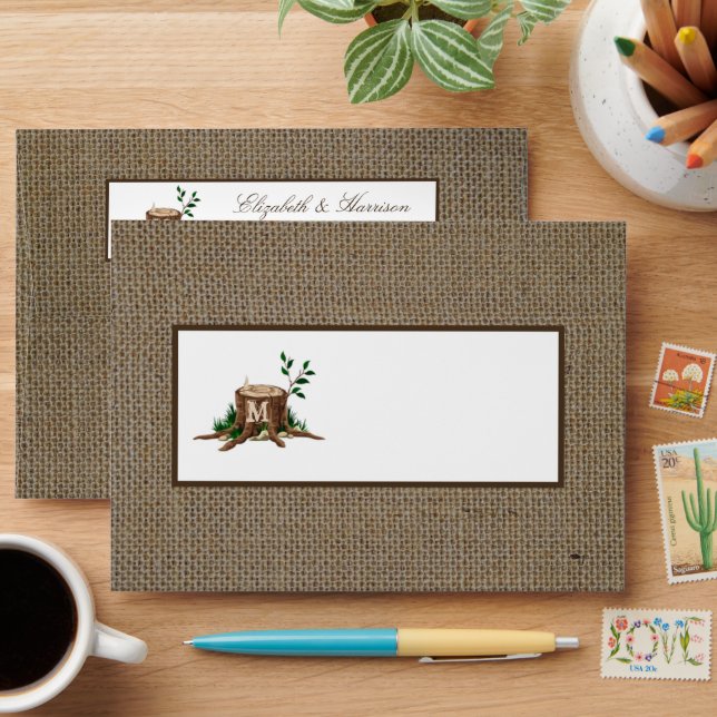 Country Rustic Burlap Monogram Tree Wedding Envelope (Desk)