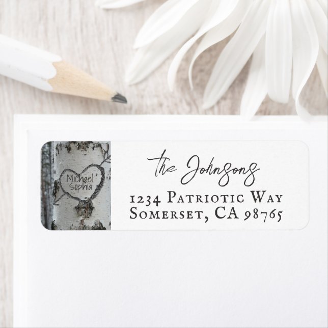 Country Rustic Carved Heart Birch Tree Label (Insitu)