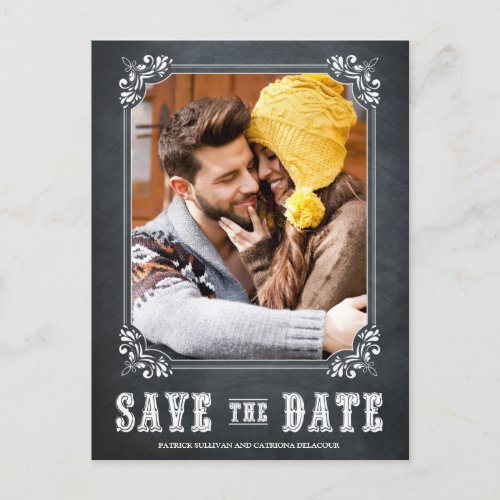 COUNTRY RUSTIC CHALKBOARD SAVE THE DATE POSTCARD