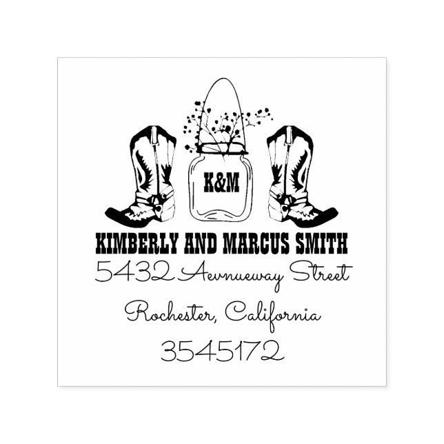 Country Rustic Cowboy Boots Mason Jar Self-inking Stamp (Design)