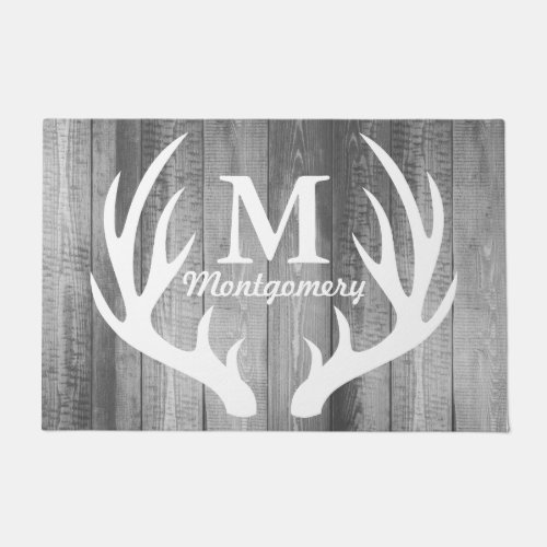 Country Rustic Deer Antlers Gray Wood Planks Doormat