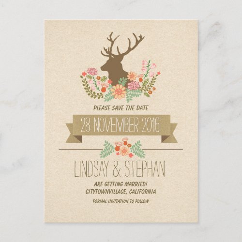 Country rustic deer antlers save the date postcard