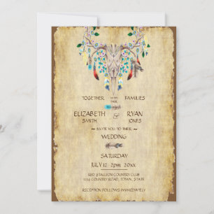 Country Rustic, Deer Skull, Feathers, Wedding Invitation