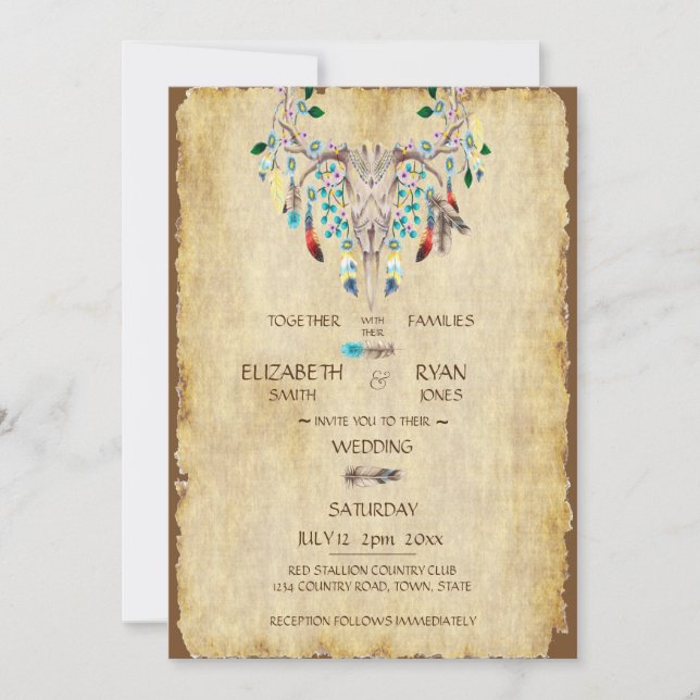 Country Rustic, Deer Skull, Feathers, Wedding   Invitation (Front)