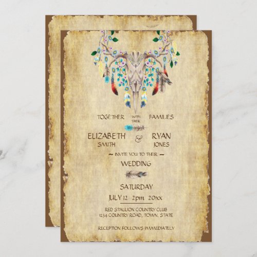 Country Rustic Deer Skull Feathers Wedding Invitation