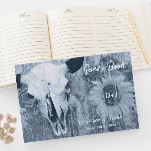 Country Rustic Dusty Blue Sunflowers Bull Skull Guest Book