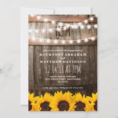 Country Rustic Engagement Party | Sunflowers Invitation - Rustic engagement party invitations featuring a barn dark oak barrel background, twinkle string lights, golden yellow sunflowers, your monogram and modern white wording. Find other wood engagement party invitations at http://www.zazzle.com/special_stationery.