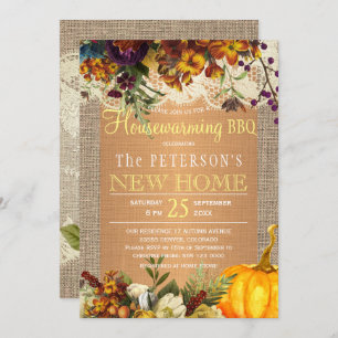Country rustic fall floral burlap housewarming bbq invitation