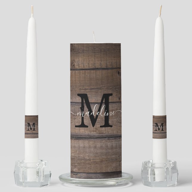 Country Rustic Farmhouse Barn Monogram Script  Unity Candle Set (Front)