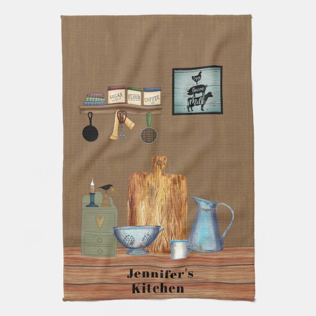 Country Rustic Farmhouse Kitchen Personalized Kitchen Towel (Vertical)
